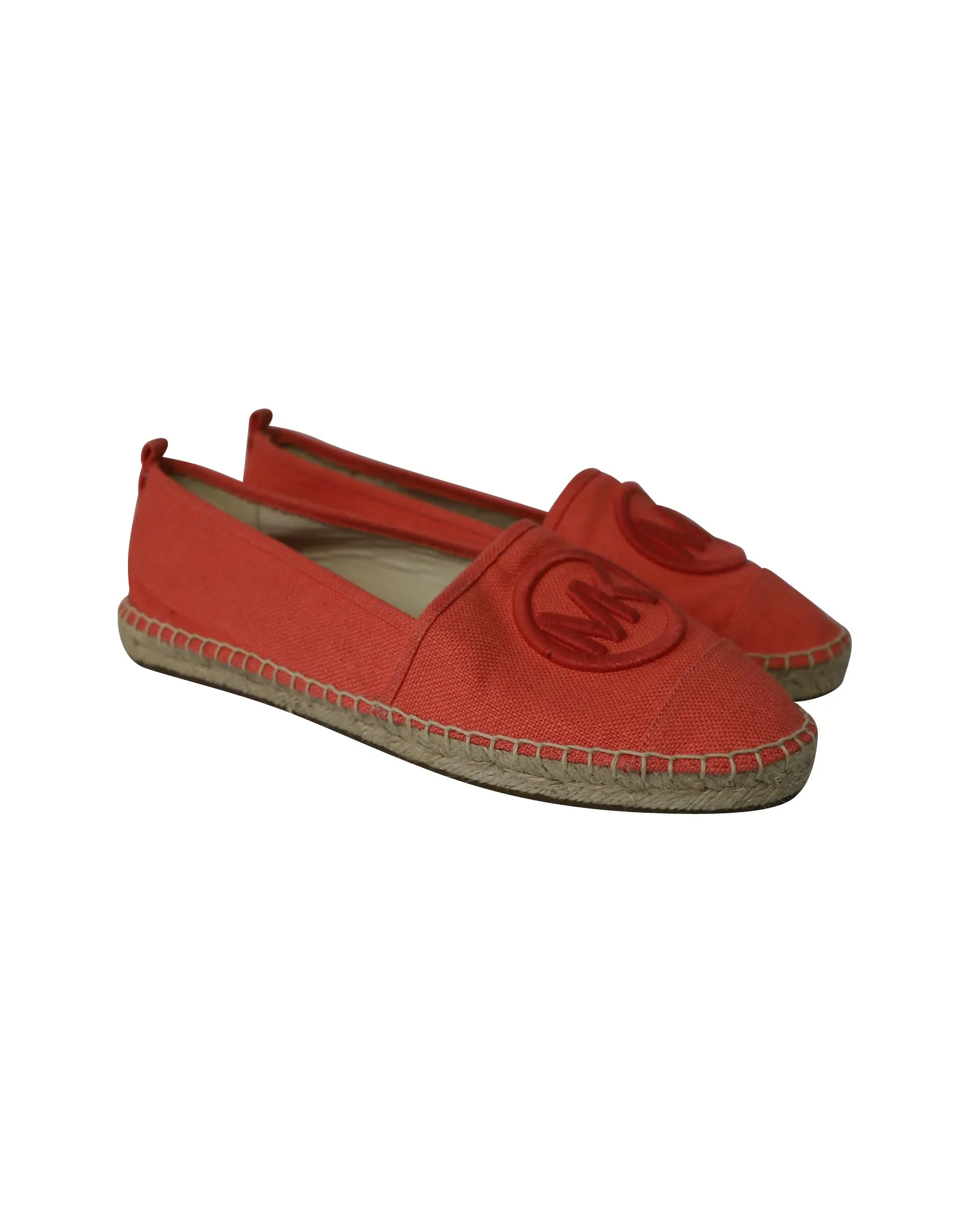 Michael Kors Embroidered Logo Espadrilles in Coral Orange Cotton