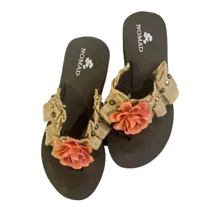 Women's Handmade Burlap Wedge Flip Flops In Brown